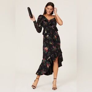 amur reese off-shoulder cascade lace satin maxi dress Reese Off-shoulder Lace Appliqu Maxi Dress